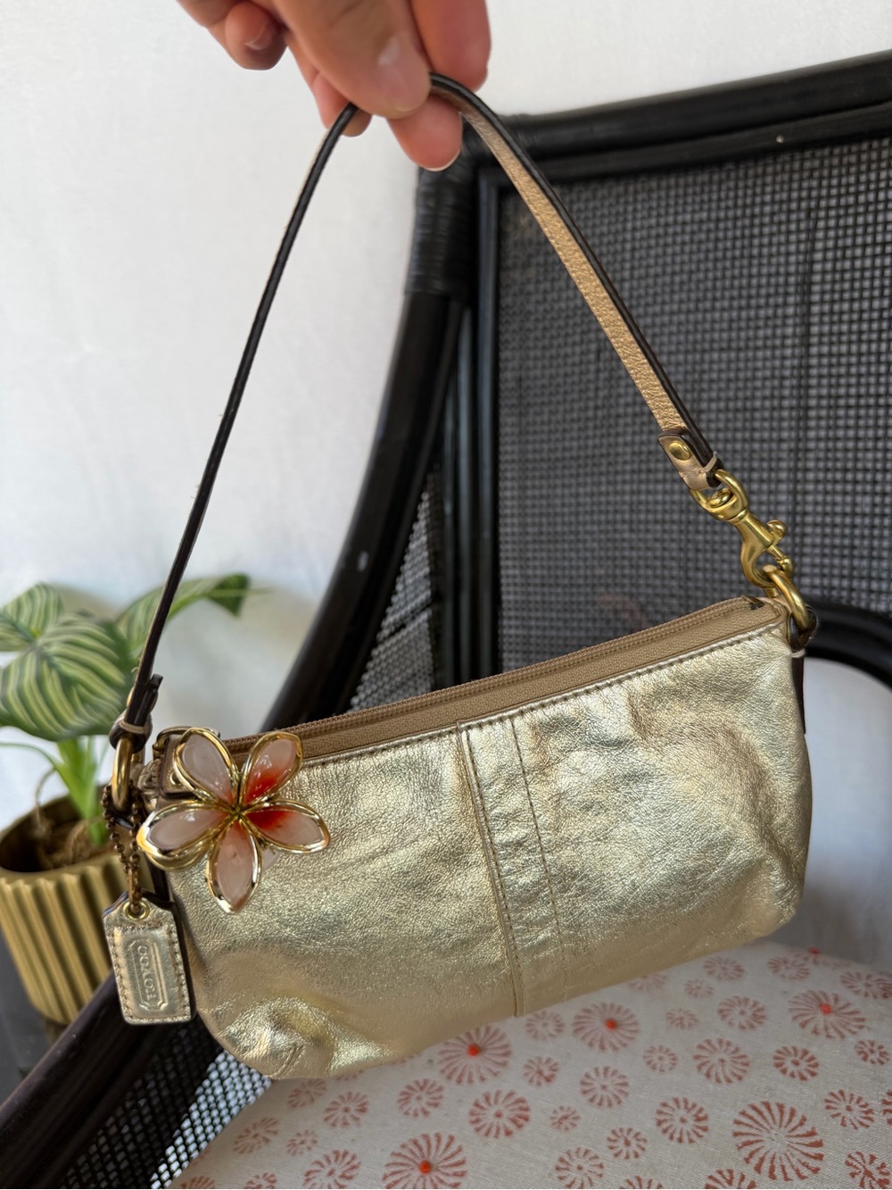 Coach Metallic Gold Leather Wristlet with Flower Charm
